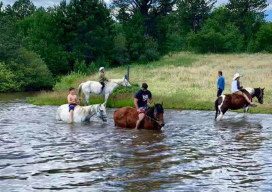 Playing in the pond with horses. Affordable all-inclusive Guest Ranch Family Vacations