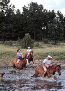 Dude ranch guests horseback riding in the pond! Riding in the pond!