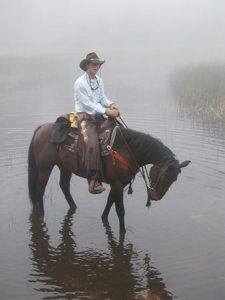 A man rides a horse in a river